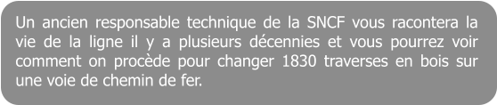 Un ancien responsable technique de la SNCF vous racontera la vie de la ligne il y a plusieurs dcennies et vous pourrez voir comment on procde pour changer 1830 traverses en bois sur une voie de chemin de fer.